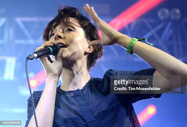 Channy Leaneagh of Polica performs during the 2014 Bonnaroo Music & Arts Festival on June 12, 2014 in Manchester, Tennessee.