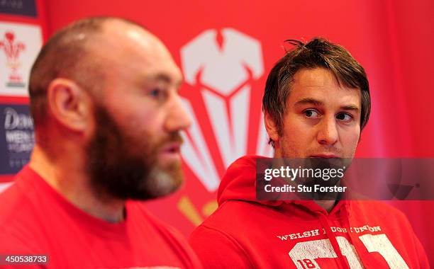 Wales assistant coach Robin McBryde and captain Ryan Jones face the press at the Wales press conference ahead of friday's game against Tonga at the...