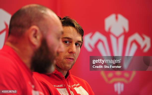 Wales assistant coach Robin McBryde and captain Ryan Jones face the press at the Wales press conference ahead of friday's game against Tonga at the...