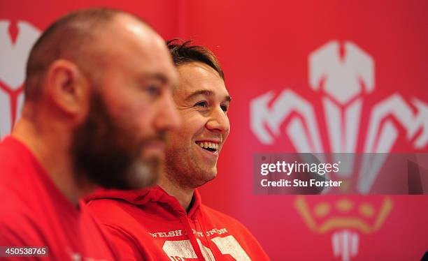 Wales assistant coach Robin McBryde and captain Ryan Jones face the press at the Wales press conference ahead of friday's game against Tonga at the...