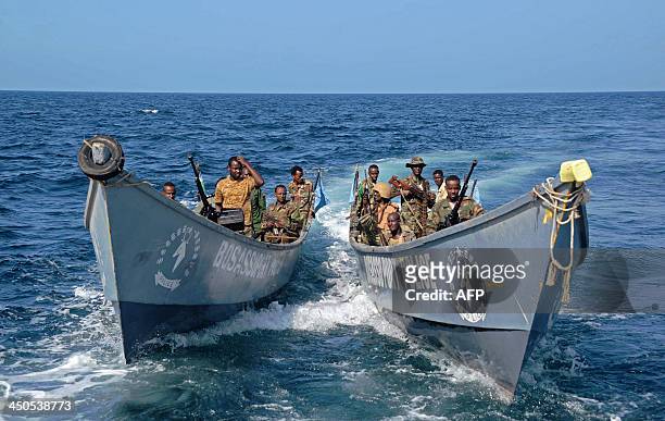 The Somali coast guard carry out a patrol off the coast of Bosaso in Puntland on November 19, 2013. After increased security in Somalia's Puntland...