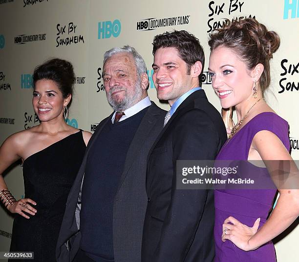 America Ferrera, Stephen Sondheim, Jeremy Jordan and Laura Osnes attend the "Six By Sondheim" premiere at the Museum of Modern Art on November 18,...