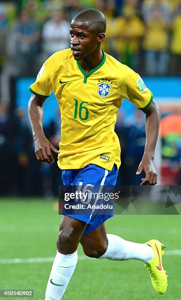 Ramires of Brazil reacts during the 2014 FIFA World Cup Brazil Group A match between Brazil and Croatia at Arena de Sao Paulo on June 12, 2014 in...