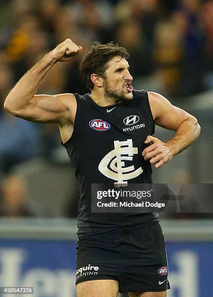 Jarrad Waite of the Blues celebrates a goal during the round 13 AFL match between the Carlton Blues and the Hawthorn Hawks at Melbourne Cricket...