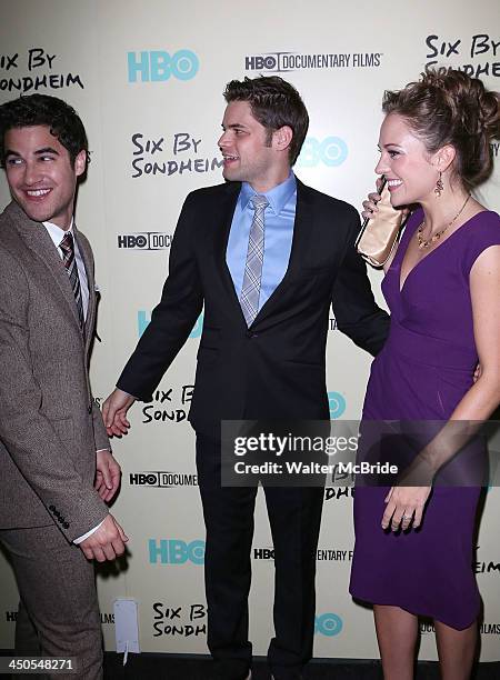 Darren Criss, Jeremy Jordan and Laura Osnes attend the "Six By Sondheim" premiere at the Museum of Modern Art on November 18, 2013 in New York City.