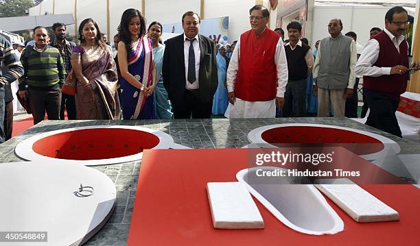 Indian actress Vidya Maldave along with Bindeshwar Pathak inaugurate the Indian toilet model and unveil the 250kg cake in the shape of Indian pot...