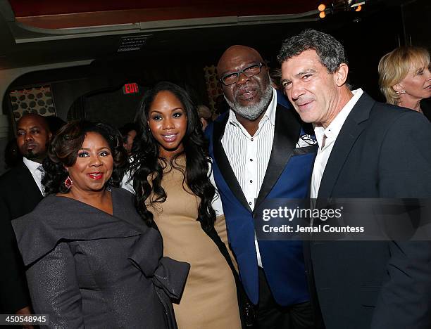 Serita Jakes, Sarah Jakes, executive producer Bishop TD Jakes and actor Antonio Banderas attend the after party for the "Black Nativity" premiere at...