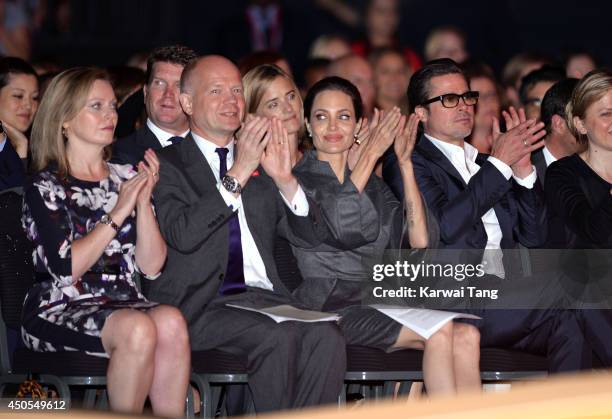 Ffion Hague, William Hague, Angelina Jolie and Brad Pitt attend the Global Summit to end Sexual Violence in Conflict at ExCel on June 13, 2014 in...