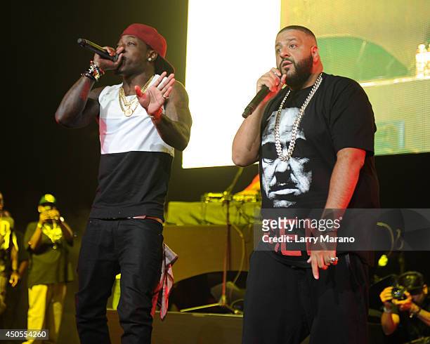 Khaled and Ace Hood perform during the 103.5 The Beat Down concert at BB&T Center on June 12, 2014 in Sunrise, Florida.