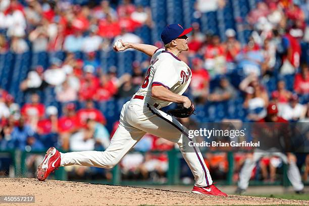 Jacob Diekman of the Philadelphia Phillies throws a pitch during the game against the Arizona Diamondbacks at Citizens Bank Park on August 25, 2013...