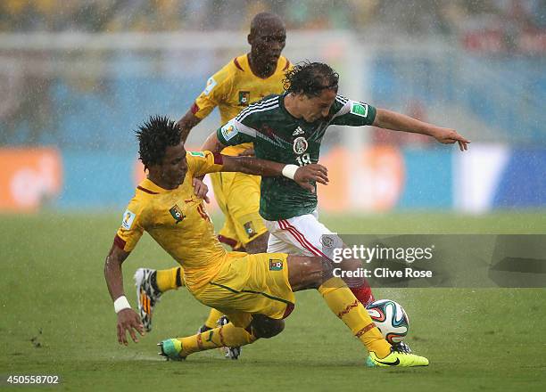 Cedric Djeugoue of Cameroon challenges Andres Guardado of Mexico in the first half during the 2014 FIFA World Cup Brazil Group A match between Mexico...