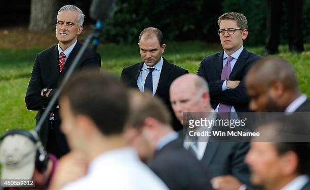White House Chief of Staff Denis McDonough, Deputy National Security Advisor for strategic communication Ben Rhodes, and White House press secretary...