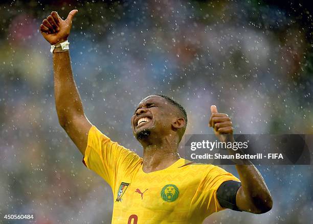 Samuel Eto'o of Cameroon reacts during the 2014 FIFA World Cup Brazil Group A match between Mexico and Cameroon at Estadio das Dunas on June 13, 2014...