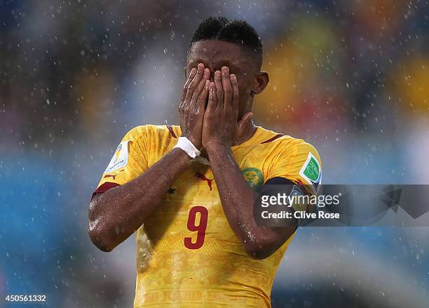 Samuel Eto'o of Cameroon reacts after a missed chance during the 2014 FIFA World Cup Brazil Group A match between Mexico and Cameroon at Estadio das...