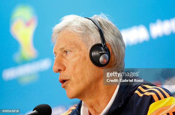 Headcoach of Colombia Jose Perkerman talks during the Colombia press conference before the 2014 FIFA World Cup Group C match between Greece and...