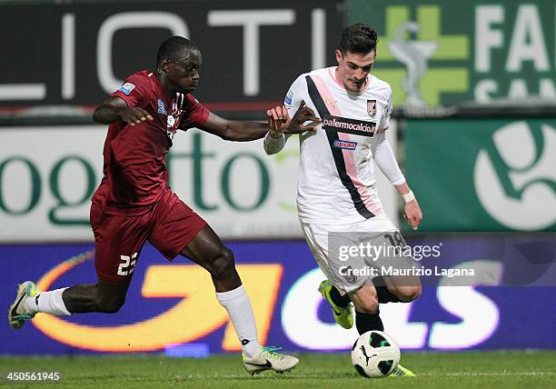 Daniel Adejo of Reggina competes for the ball with Kyle Lafferty of Palermo during the Serie B match between Reggina Calcio and US Citta di Palermo...