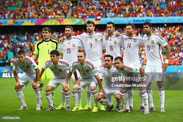 Spain pose for a team photo before the 2014 FIFA World Cup Brazil Group B match between Spain and Netherlands at Arena Fonte Nova on June 13, 2014 in...