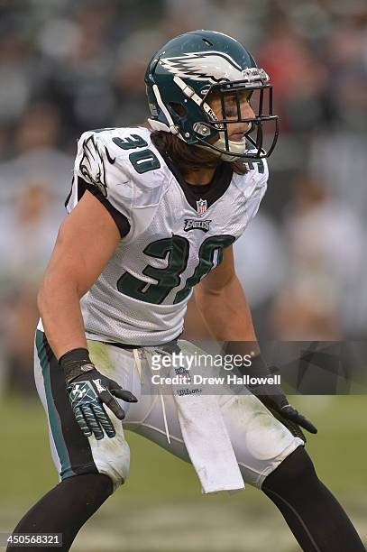 Colt Anderson of the Philadelphia Eagles drops back against the Oakland Raiders at O.co Coliseum on November 3, 2013 in Oakland, California. The...