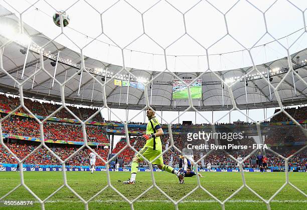 Robin van Persie of the Netherlands scores a goal during the 2014 FIFA World Cup Brazil Group B match between Spain and Netherlands at Arena Fonte...