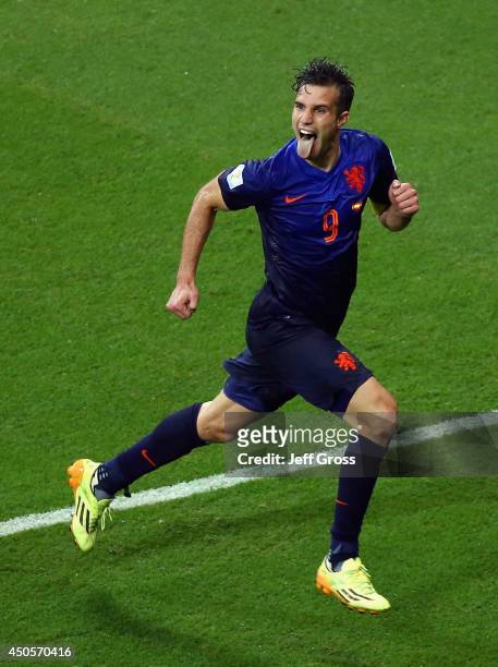 Robin van Persie of the Netherlands celebrates after scoring his second goal and his team's fourth during the 2014 FIFA World Cup Brazil Group B...