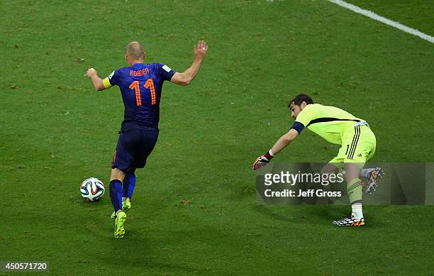 Arjen Robben of the Netherlands shoots and scores his second goal, the team's fifth, as goalkeeper Iker Casillas of Spain looks on during the 2014...