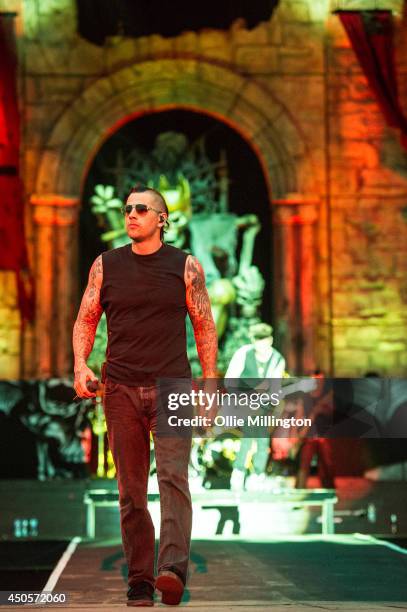 Shadows of Avenged Sevenfold performs headlinging on stage at day 1 of Download Festival at Donnington Park on June 13, 2014 in Donnington, United...