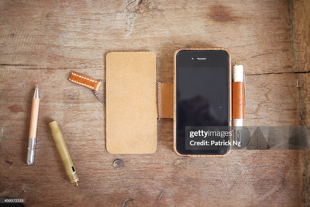 Leather wood iPhone case with brass stylus
