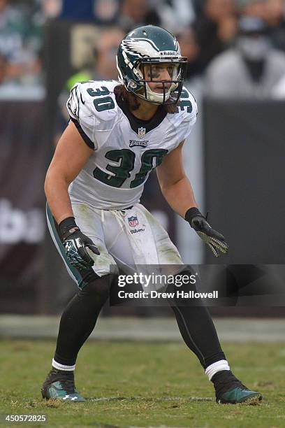 Colt Anderson of the Philadelphia Eagles drops back against the Oakland Raiders at O.co Coliseum on November 3, 2013 in Oakland, California. The...