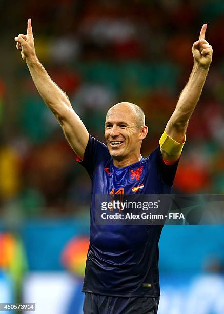 Arjen Robben of the Netherlands celebrates after the 2014 FIFA World Cup Brazil Group B match between Spain and Netherlands at Arena Fonte Nova on...