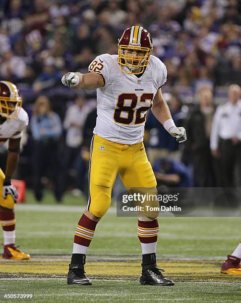 Logan Paulsen of the Washington Redskins lines up during an NFL game against the Minnesota Vikings at Mall of America Field on November 7, 2013 in...