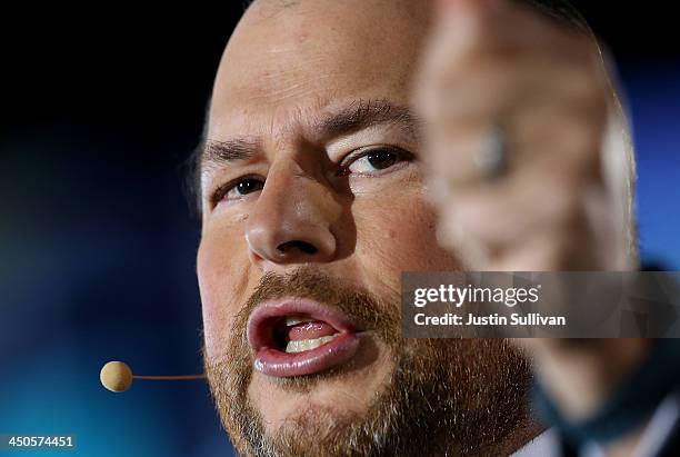 Salesforce chairman and CEO Marc Benioff speaks during a keynote address at the 2013 Dreamforce conference on November 19, 2013 in San Francisco,...