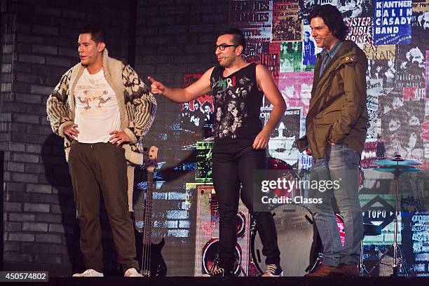 Mexican actor Christian Chavez performs his role during the presentation of the play "No me puedo levantar" at Aldama Theater on June 12, 2014 in...