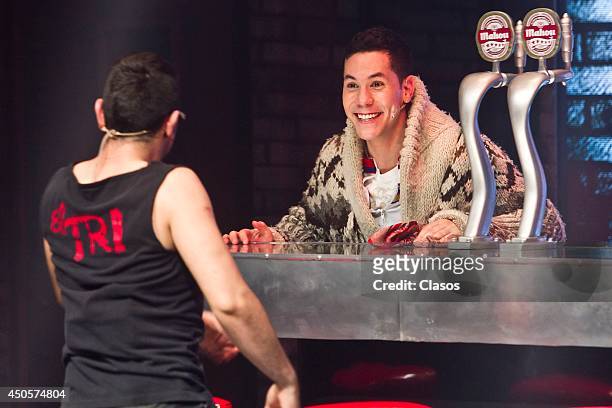 Mexican actor Christian Chavez performs his role during the presentation of the play "No me puedo levantar" at Aldama Theater on June 12, 2014 in...
