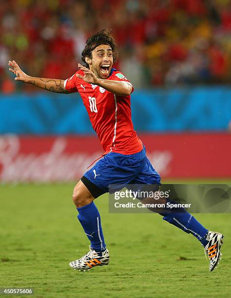 Jorge Valdivia of Chile celebrates after scoring the team's second goal during the 2014 FIFA World Cup Brazil Group B match between Chile and...