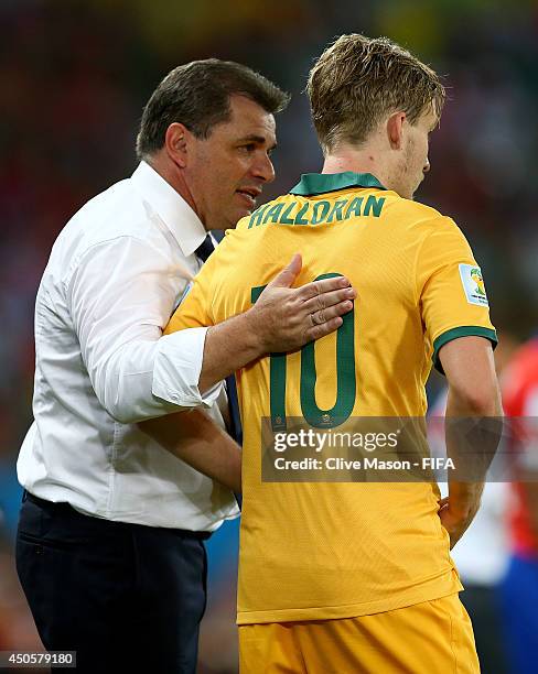 Ange Postecoglou of Australia talks to player Ben Halloran of Australia during the 2014 FIFA World Cup Brazil Group B match between Chile and...