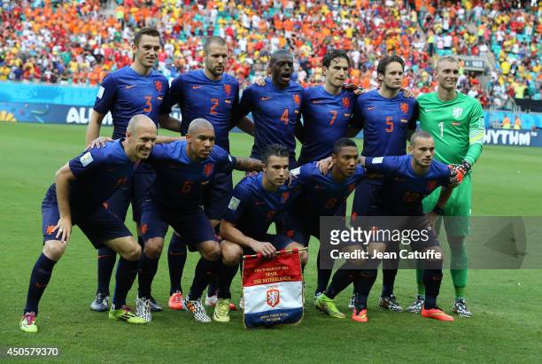 The Netherlands team line up prior to the 2014 FIFA World Cup Brazil Group B match between Spain and the Netherlands at Arena Fonte Nova on June 13,...