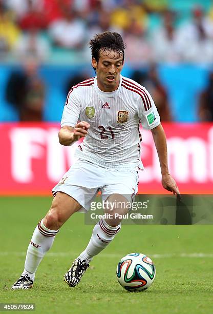 David Silva of Spain controls the ball during the 2014 FIFA World Cup Brazil Group B match between Spain and Netherlands at Arena Fonte Nova on June...