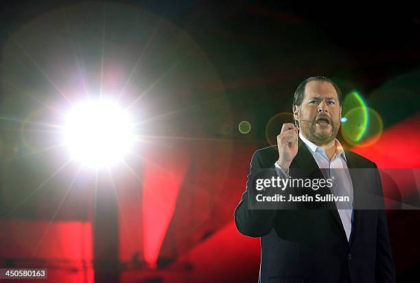 Salesforce chairman and CEO Marc Benioff speaks during a keynote address at the 2013 Dreamforce conference on November 19, 2013 in San Francisco,...