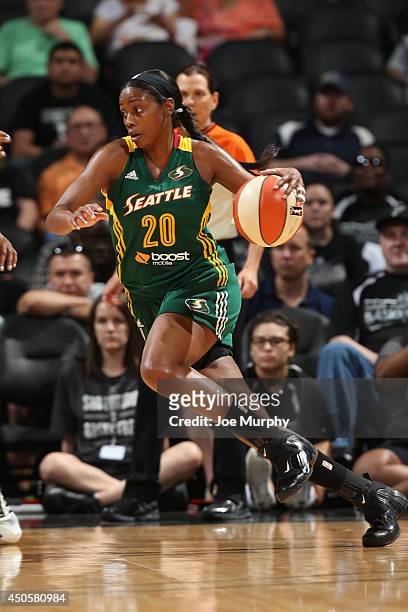Camille Little of the Seattle Storm drives to the basket during a game against the San Antonio Stars at AT&T Center on June 13, 2014 in San Antonio,...