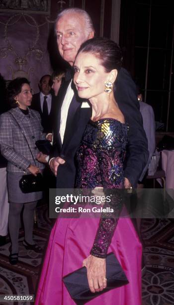 Hubert de Givenchy and Audrey Hepburn attend Eighth Annual Night of Stars Fashion Gala on November 3, 1991 at the Waldorf Hotel in New York City.