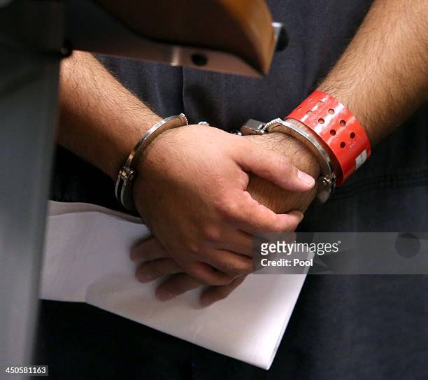 Detail of the handcuffed hands of George Zimmerman, the acquitted shooter in the death of Trayvon Martin, faces a Seminole circuit judge during a...