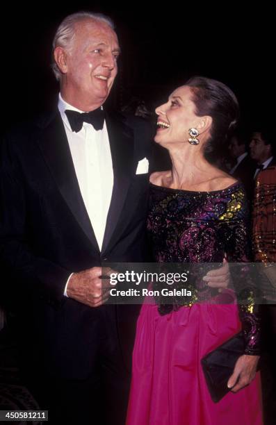 Hubert de Givenchy and Audrey Hepburn attend Eighth Annual Night of Stars Fashion Gala on November 3, 1991 at the Waldorf Hotel in New York City.