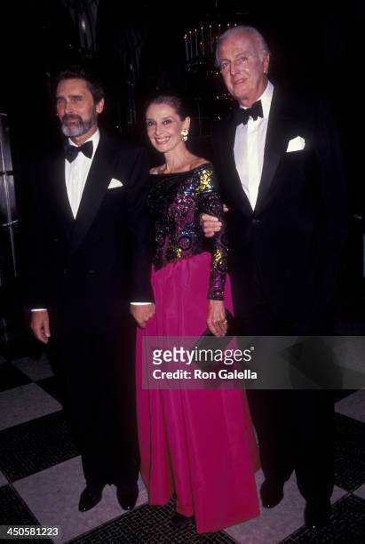 Robert Wolders, Audrey Hepburn and Hubert de Givenchy attend Eighth Annual Night of Stars Fashion Gala on November 3, 1991 at the Waldorf Hotel in...