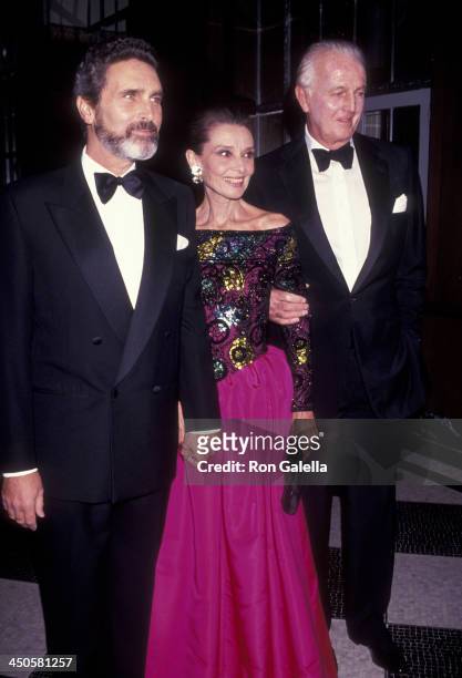 Robert Wolders, Audrey Hepburn and Hubert de Givenchy attend Eighth Annual Night of Stars Fashion Gala on November 3, 1991 at the Waldorf Hotel in...