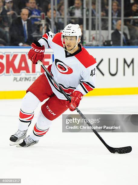 Brett Sutter of the Carolina Hurricanes skates during the first period against the New York Rangers at Madison Square Garden on November 2, 2013 in...