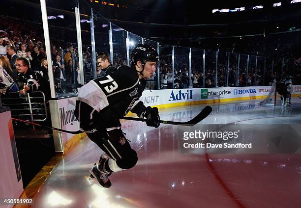 Tyler Toffoli of the Los Angeles Kings takes the ice to warm up before playing the New York Rangers in Game Five of the 2014 Stanley Cup Final at the...