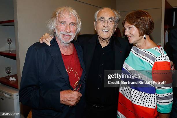 Pierre Richard, Michel Legrand and Macha Meril pose after the one man show of Pierre Richard 'Le Vendredi 13 De Pierre Richard' at L'Olympia on June...