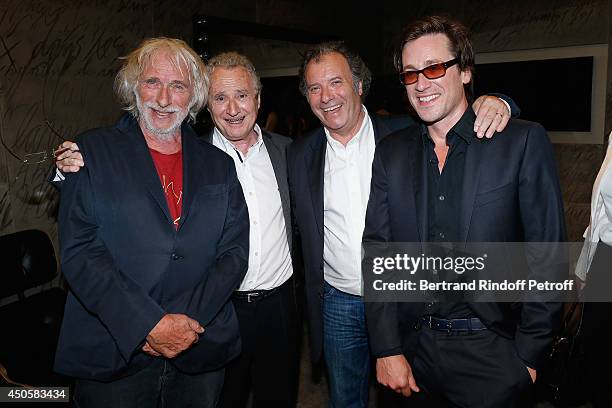 Pierre Richard, Daniel Prevost, Daniel Russo and Thomas Dutronc pose after the show of Pierre Richard 'Le Vendredi 13 De Pierre Richard' at L'Olympia...