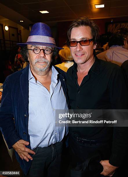 Jean Michel Ribes and Thomas Dutronc pose after the show of Pierre Richard 'Le Vendredi 13 De Pierre Richard' at L'Olympia on June 13, 2014 in Paris,...