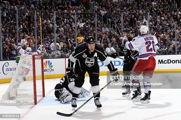 Martin St. Louis and Chris Kreider of the New York Rangers celebrate after scoring goal against the Los Angeles Kings in the second period of Game...